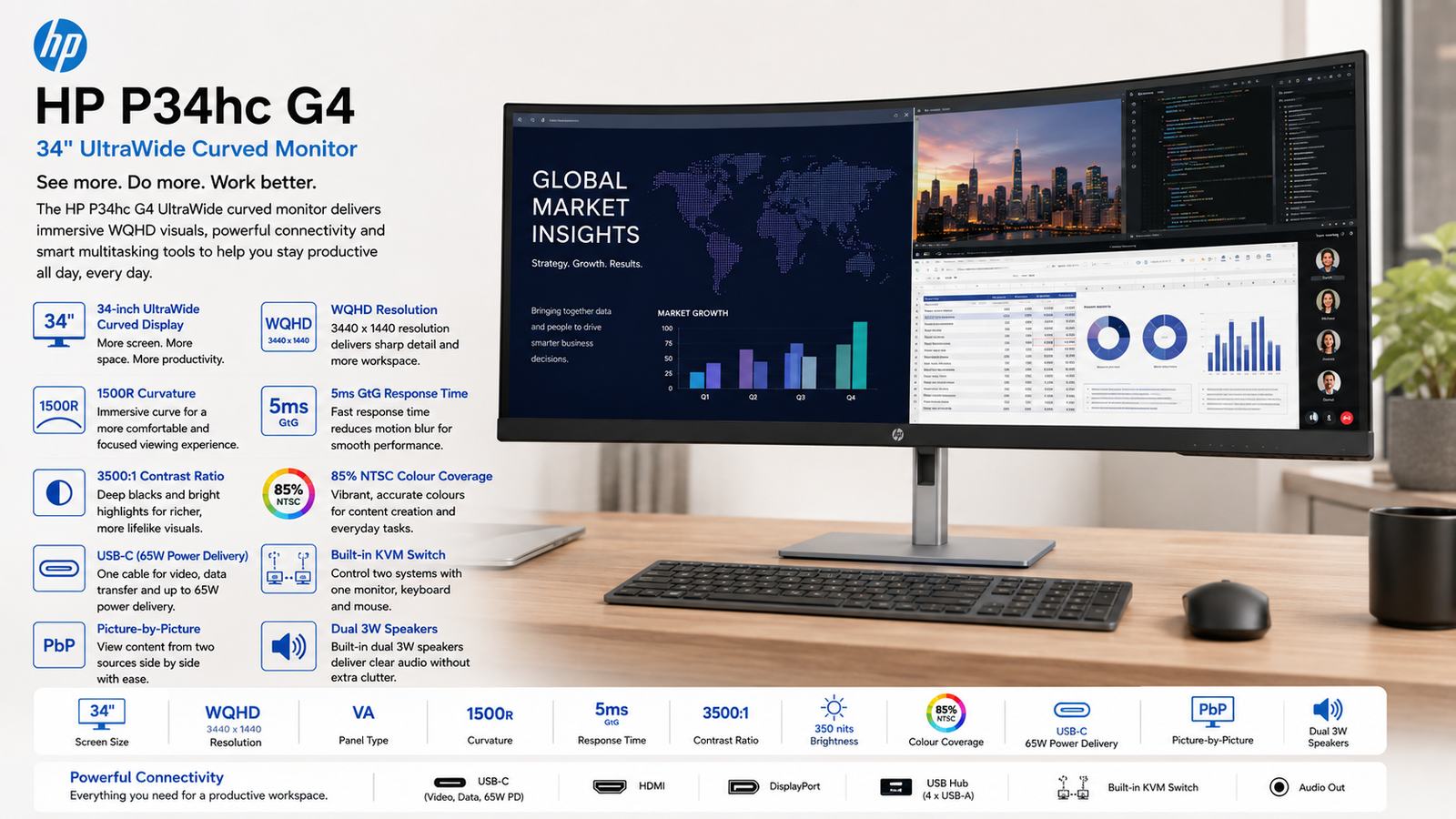 HP P34hc G4, HP 34-Inch WQHD Curved Monitor, 1500R VA Display, 3440x1440 Resolution, 60Hz Refresh Rate, 5ms GtG, 85% NTSC, USB-C 65W, Built-In KVM, Picture-by-Picture, HDMI 2.0, DisplayPort 1.2, Black, 3-Year Limited Warranty | 21Y56AA
